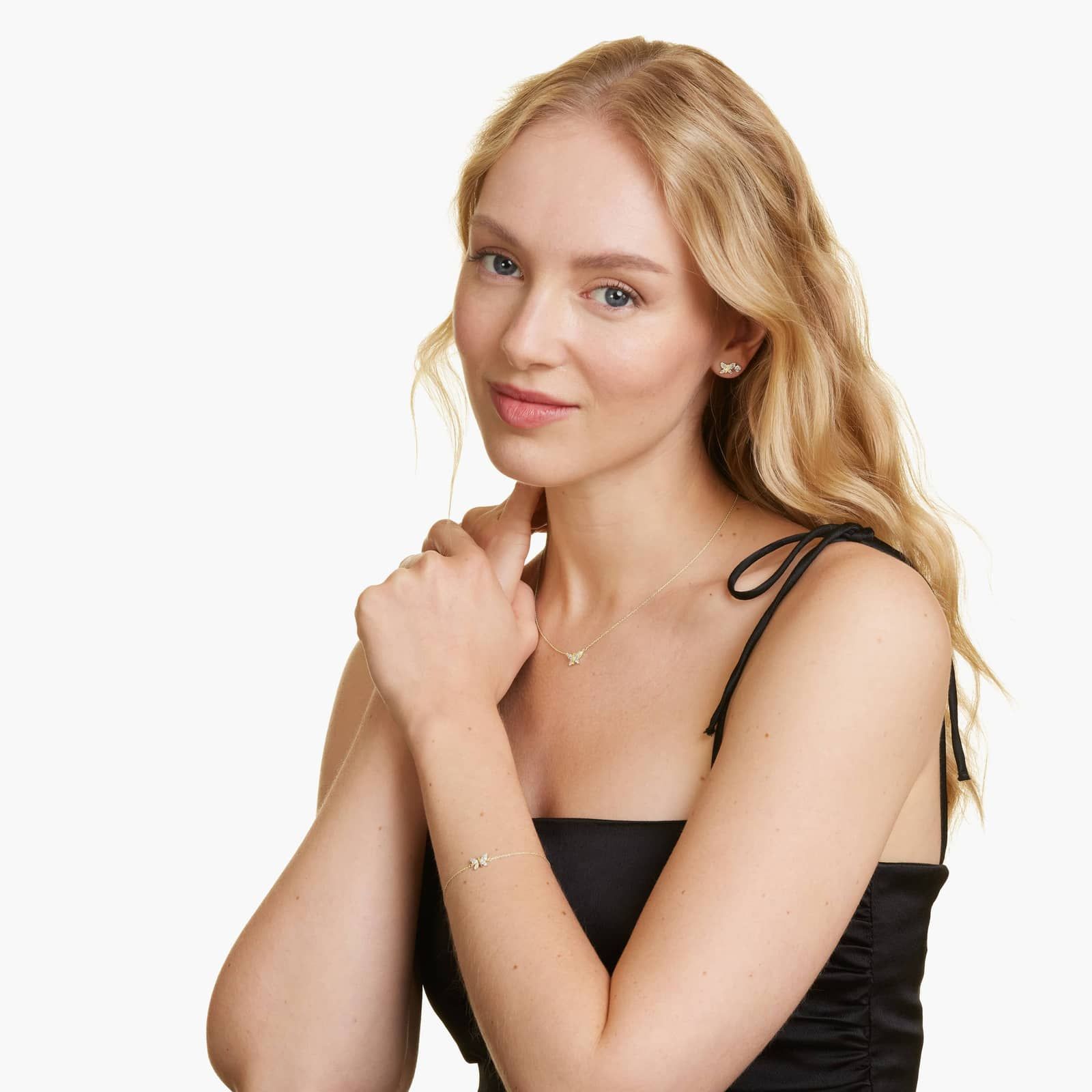 14K Yellow Gold Dainty Diamonds Pavé Butterfly Stud Earrings