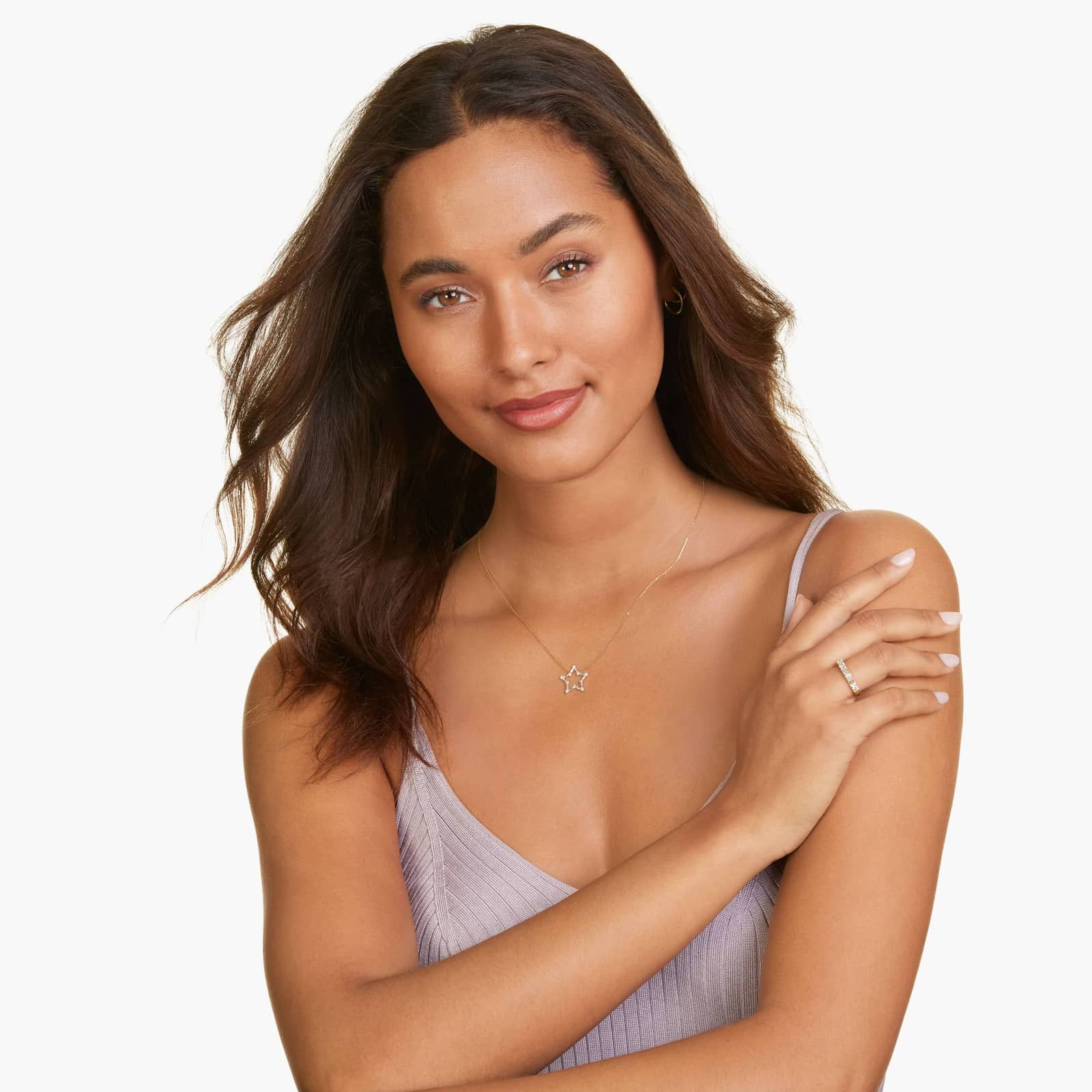 Dainty Star Necklace With Alternating Baguette And Round Diamonds In 14K Yellow Gold