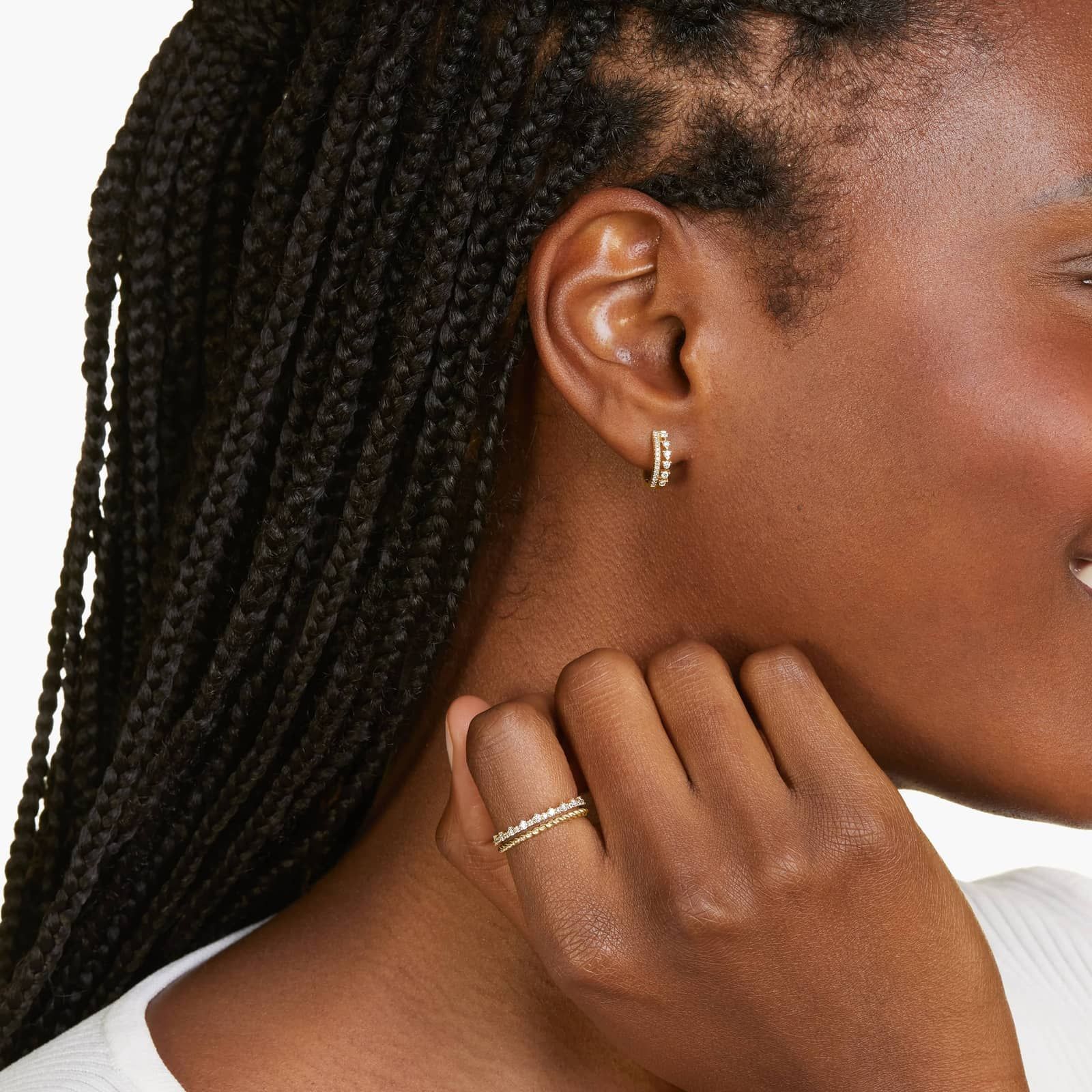 Dainty Double Row Diamond Huggie Hoop Earrings In 14K Yellow Gold