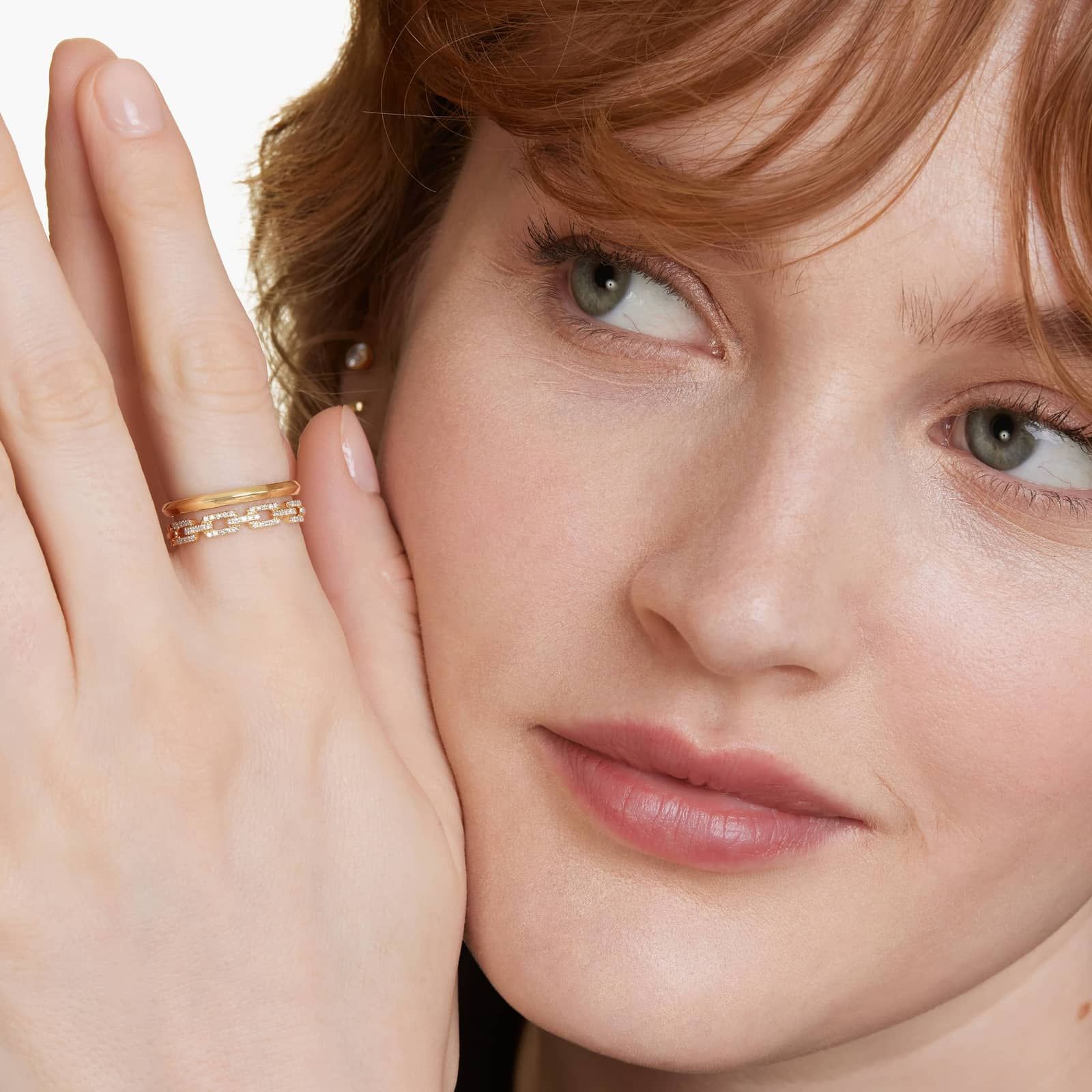 Double Row Diamond Chain Ring In 14K Yellow Gold