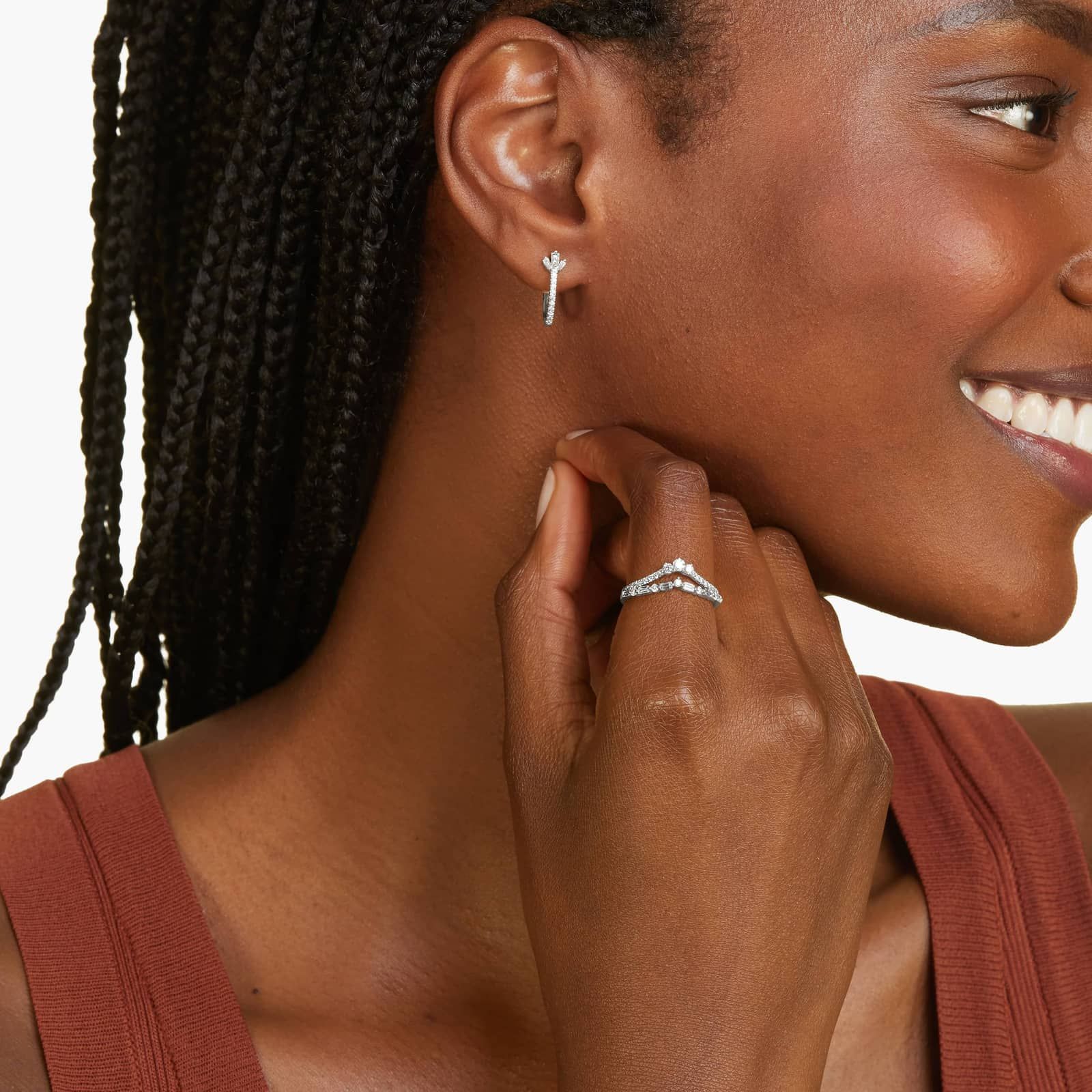 14K White Gold Dainty Diamonds Petal Detail Huggie Hoop Earrings