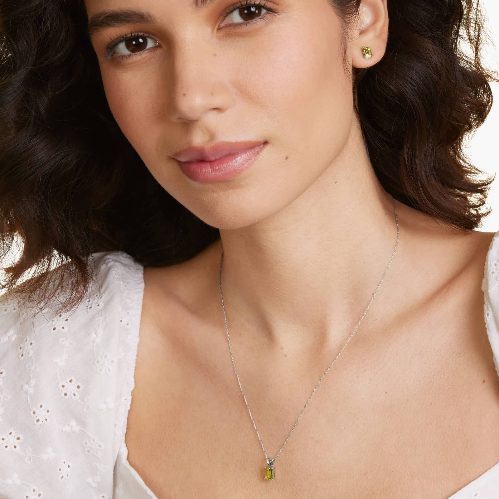 Emerald Cut Peridot Birthstone Stud Earrings In 14K White Gold