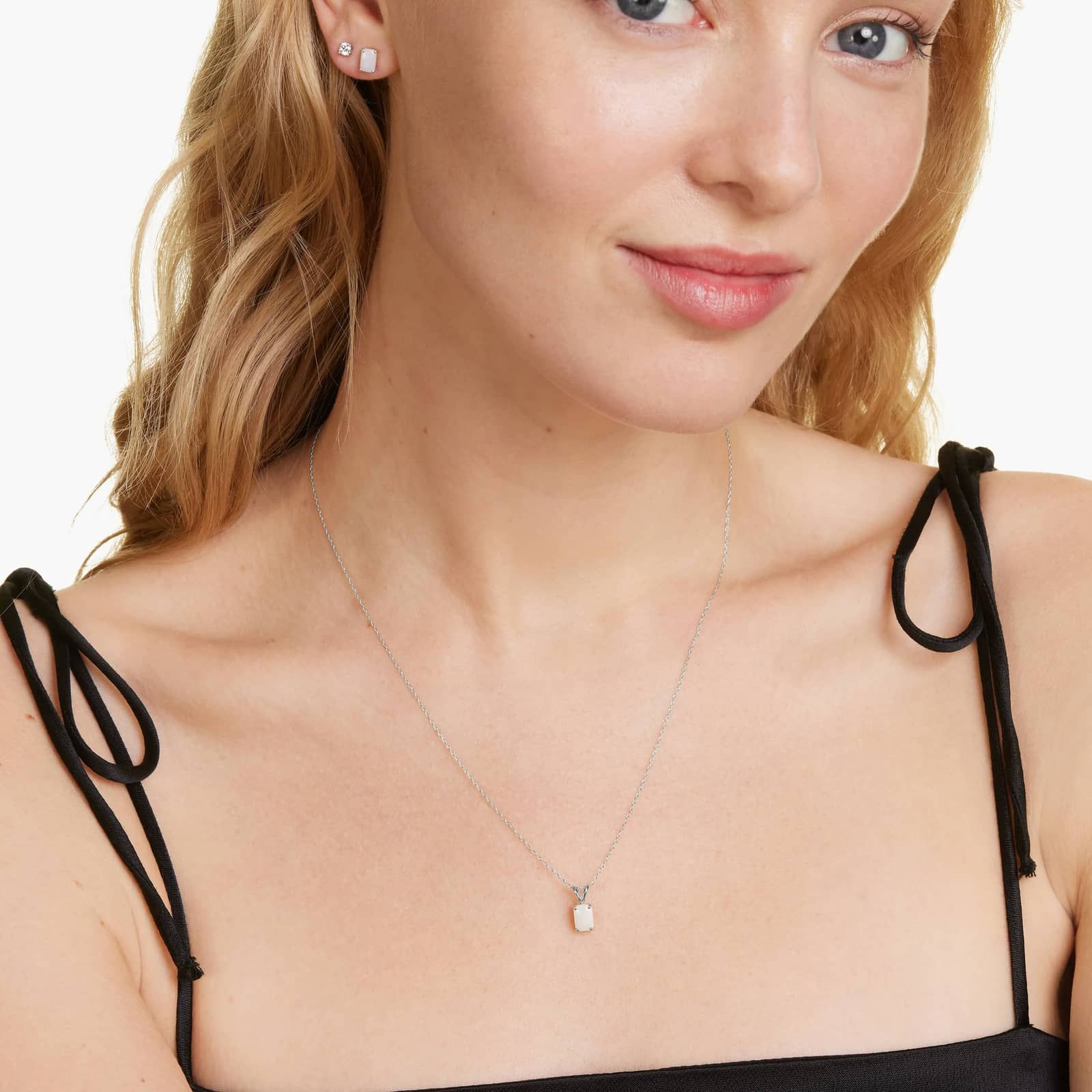 Emerald Cut Opal Birthstone Stud Earrings In 14K White Gold