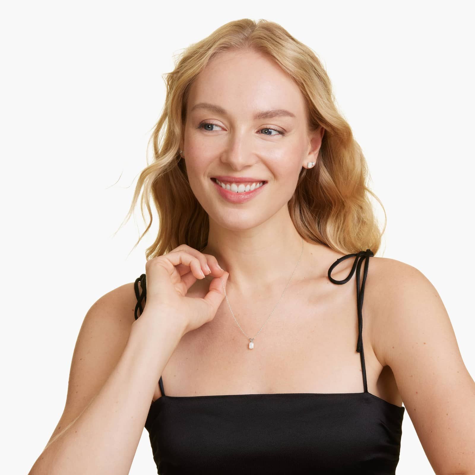 Emerald Cut Opal Birthstone Stud Earrings In 14K White Gold