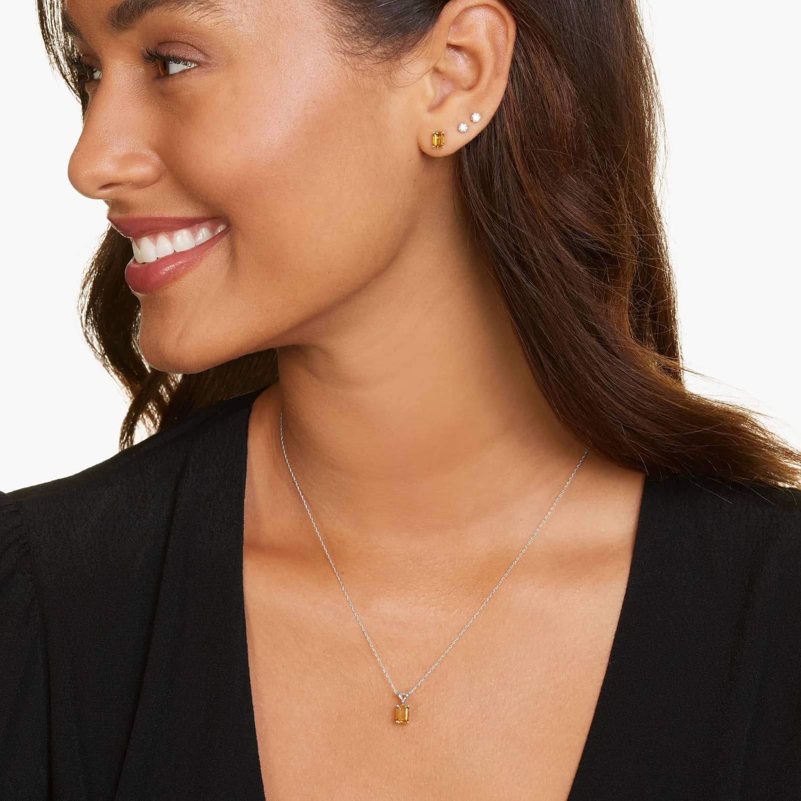 Emerald Cut Citrine Birthstone Stud Earrings In 14K White Gold