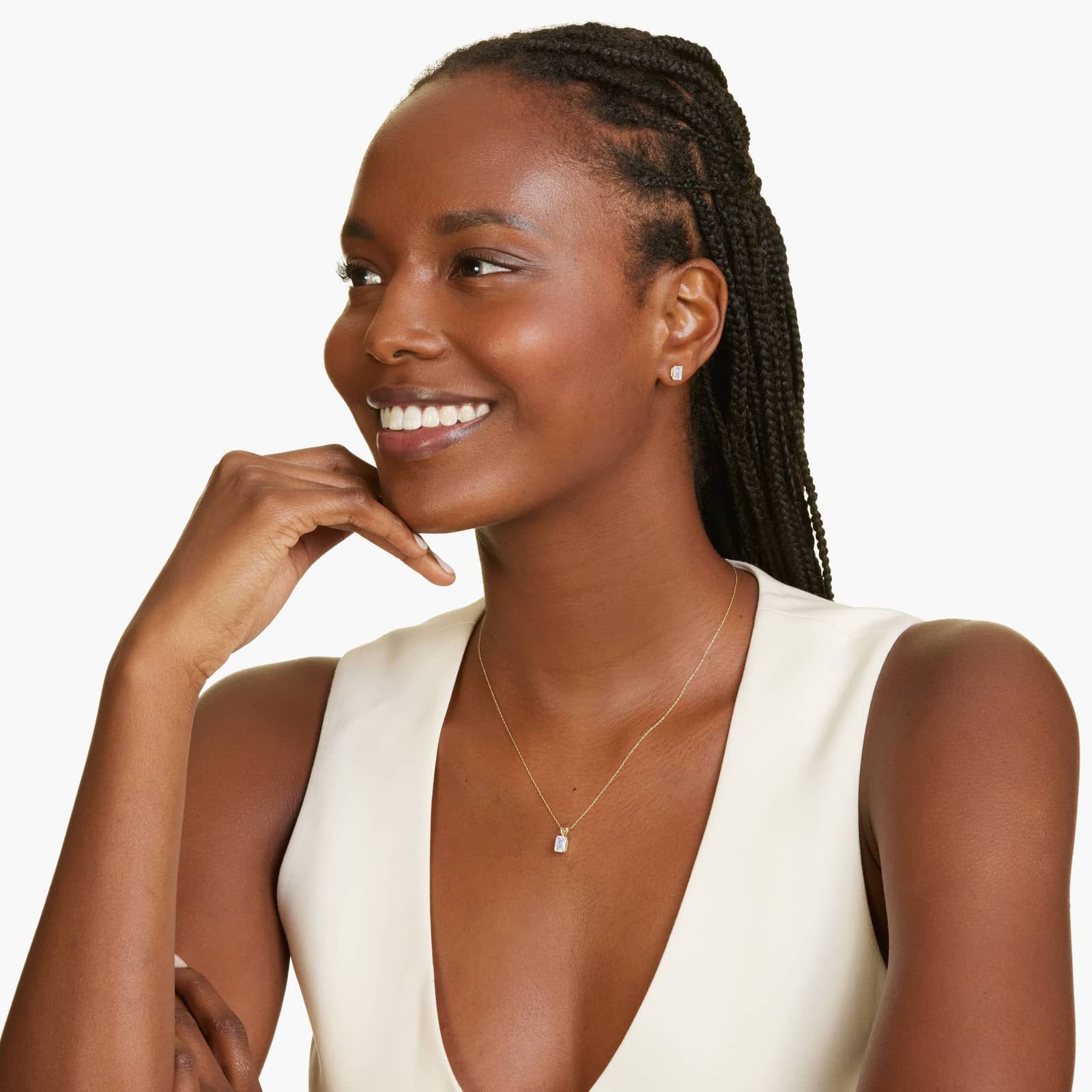 Emerald Cut Rainbow Moonstone Birthstone Stud Earrings In 14K Yellow Gold