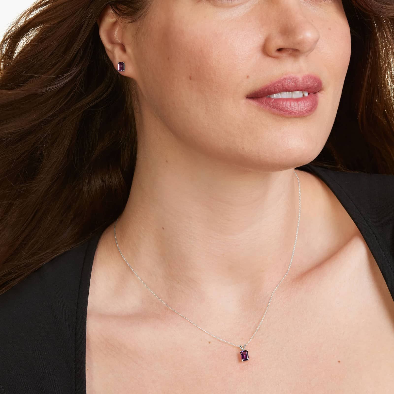 14K White Gold Emerald Cut Amethyst Birthstone Pendant Necklace
