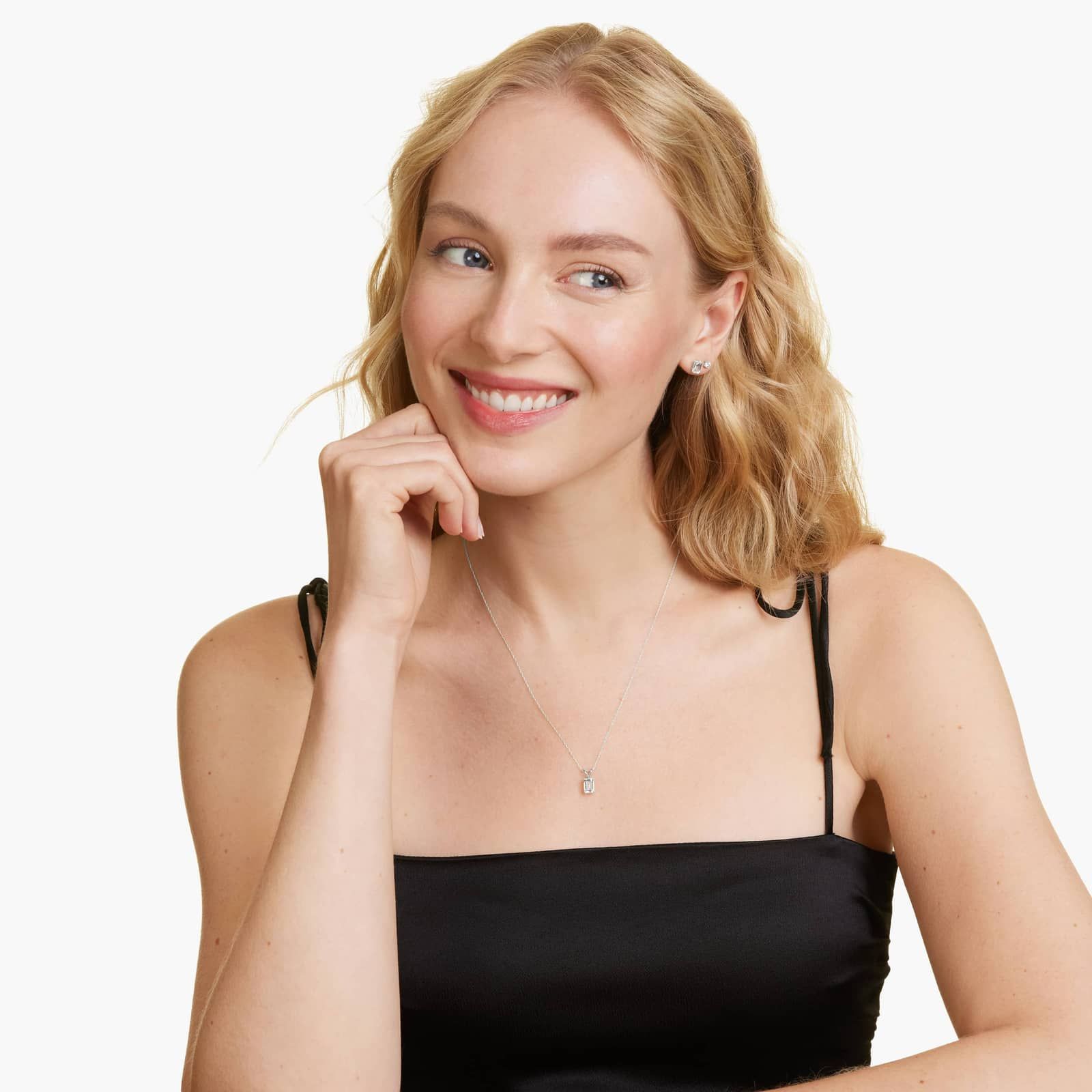 14K White Gold Emerald Cut White Topaz Birthstone Pendant Necklace