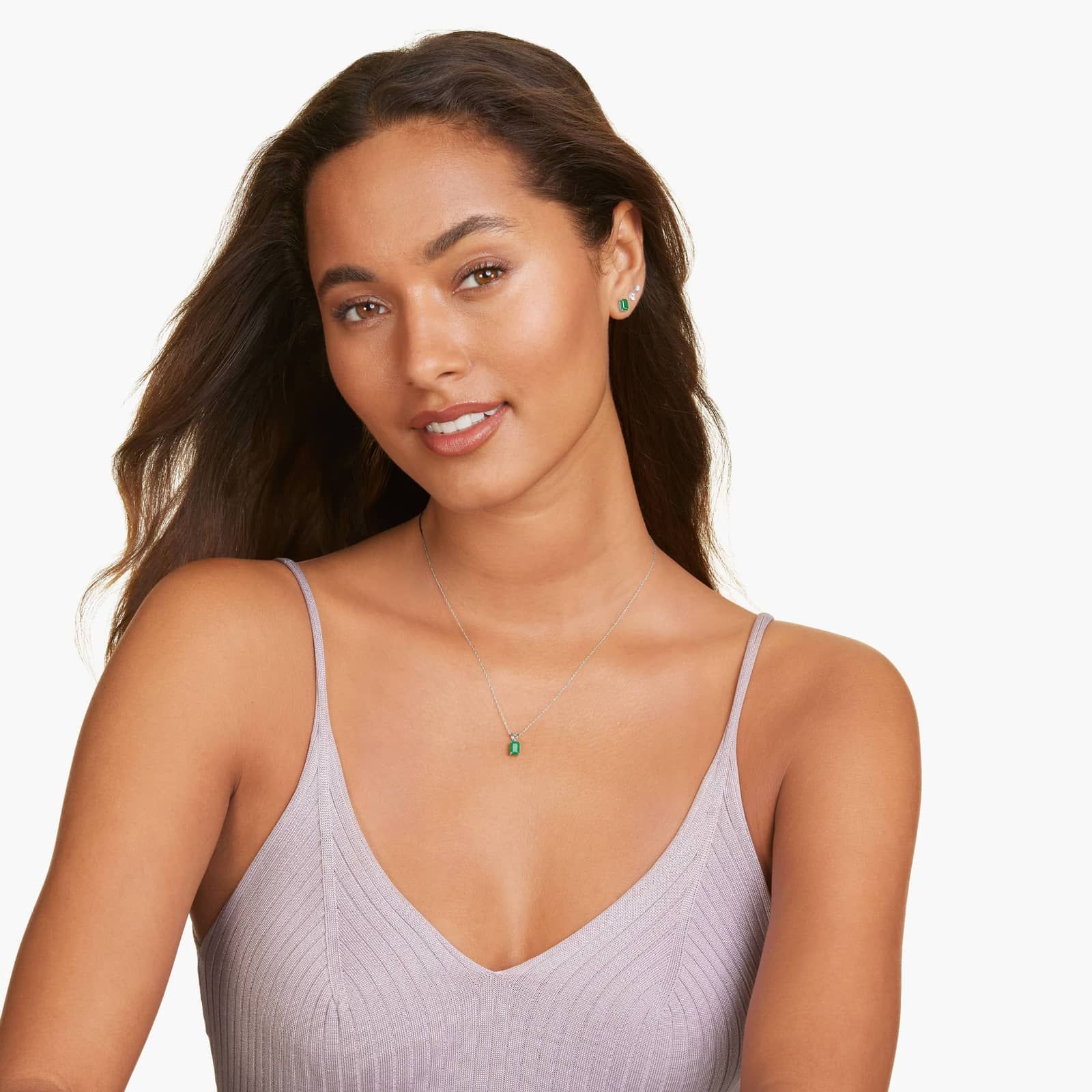 14K White Gold Emerald Cut Emerald Birthstone Pendant Necklace