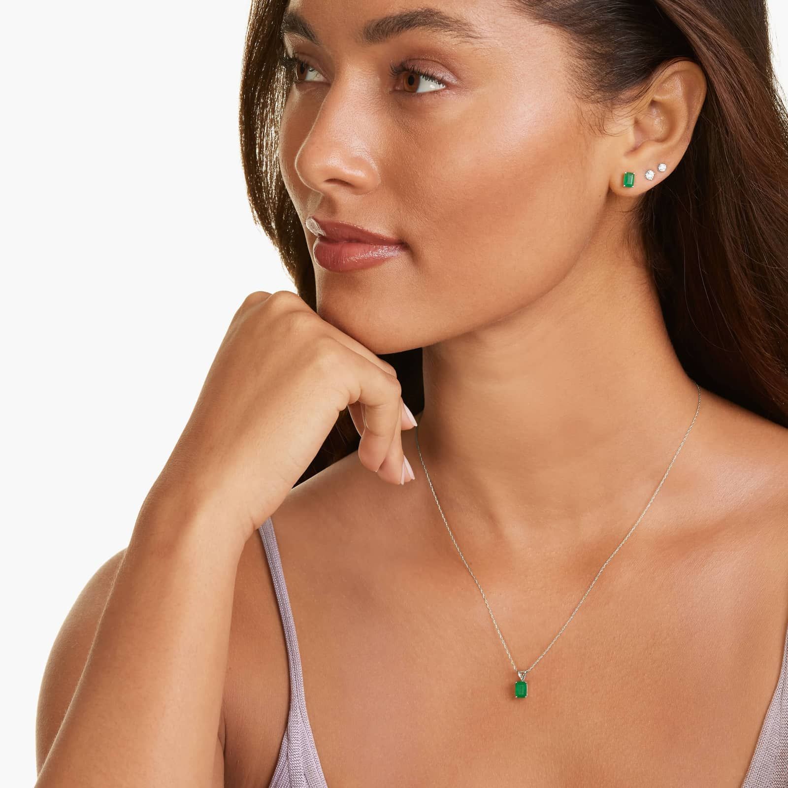 14K White Gold Emerald Cut Emerald Birthstone Pendant Necklace