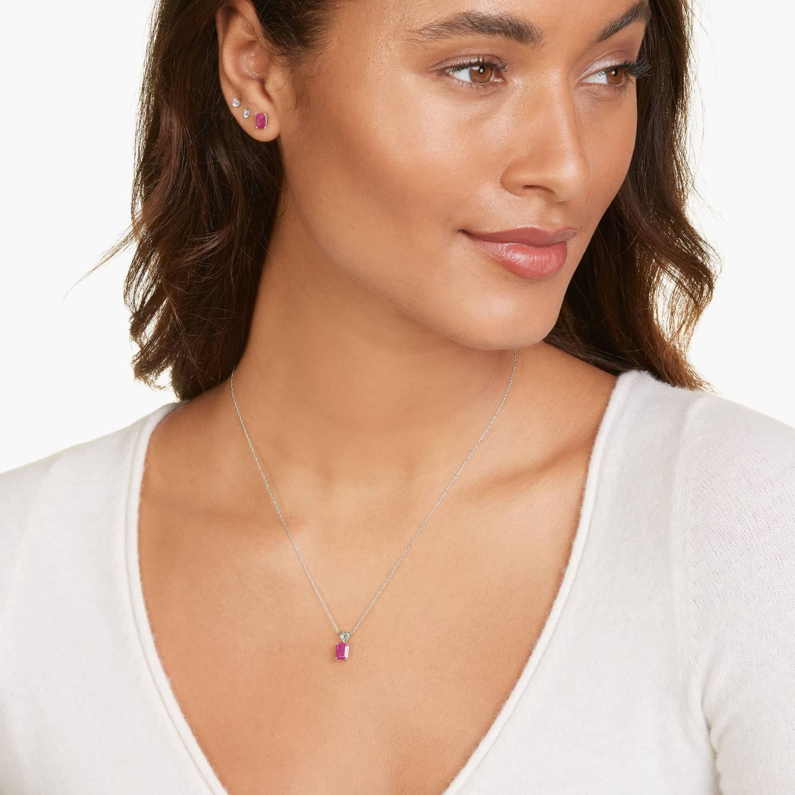 14K White Gold Emerald Cut Ruby Birthstone Pendant Necklace