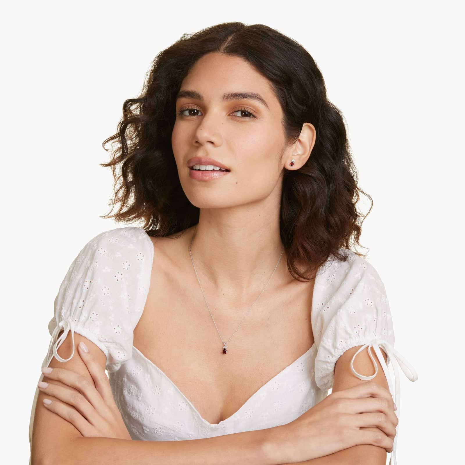 14K White Gold Pear Shaped Garnet & Tri-Diamond Birthstone Pendant Necklace