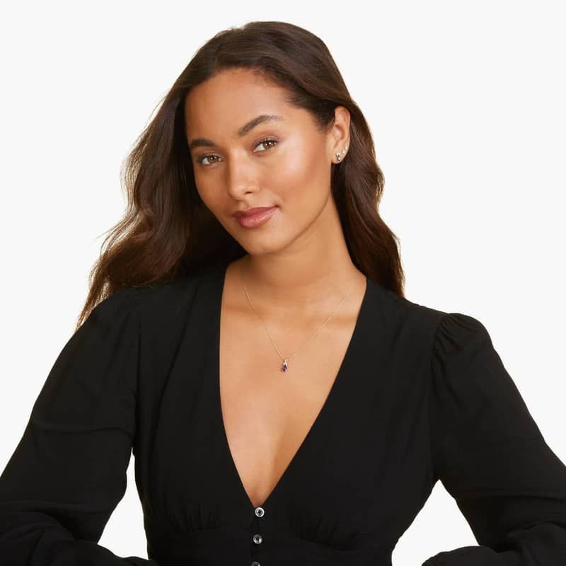 14K Yellow Gold Pear Shaped Amethyst & Tri-Diamond Birthstone Pendant Necklace