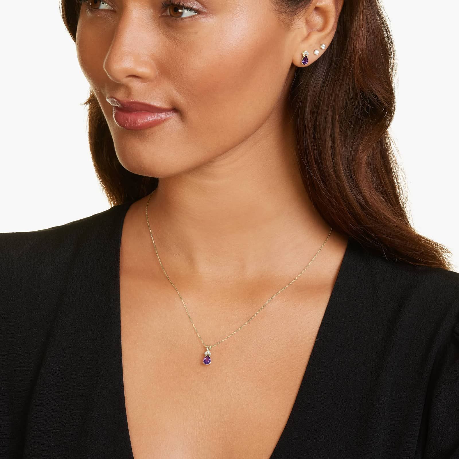 14K Yellow Gold Pear Shaped Amethyst & Tri-Diamond Birthstone Pendant Necklace
