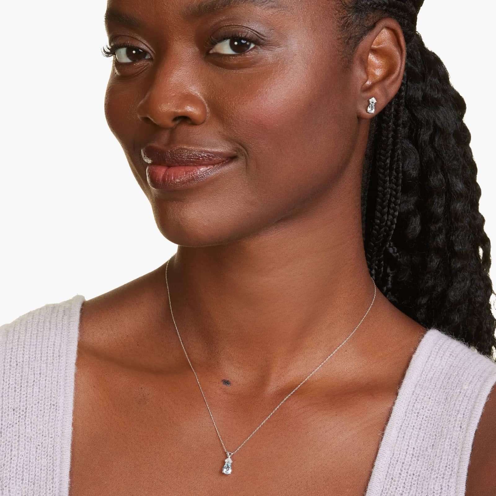 14K White Gold Pear Shaped Aquamarine & Tri-Diamond Birthstone Pendant Necklace