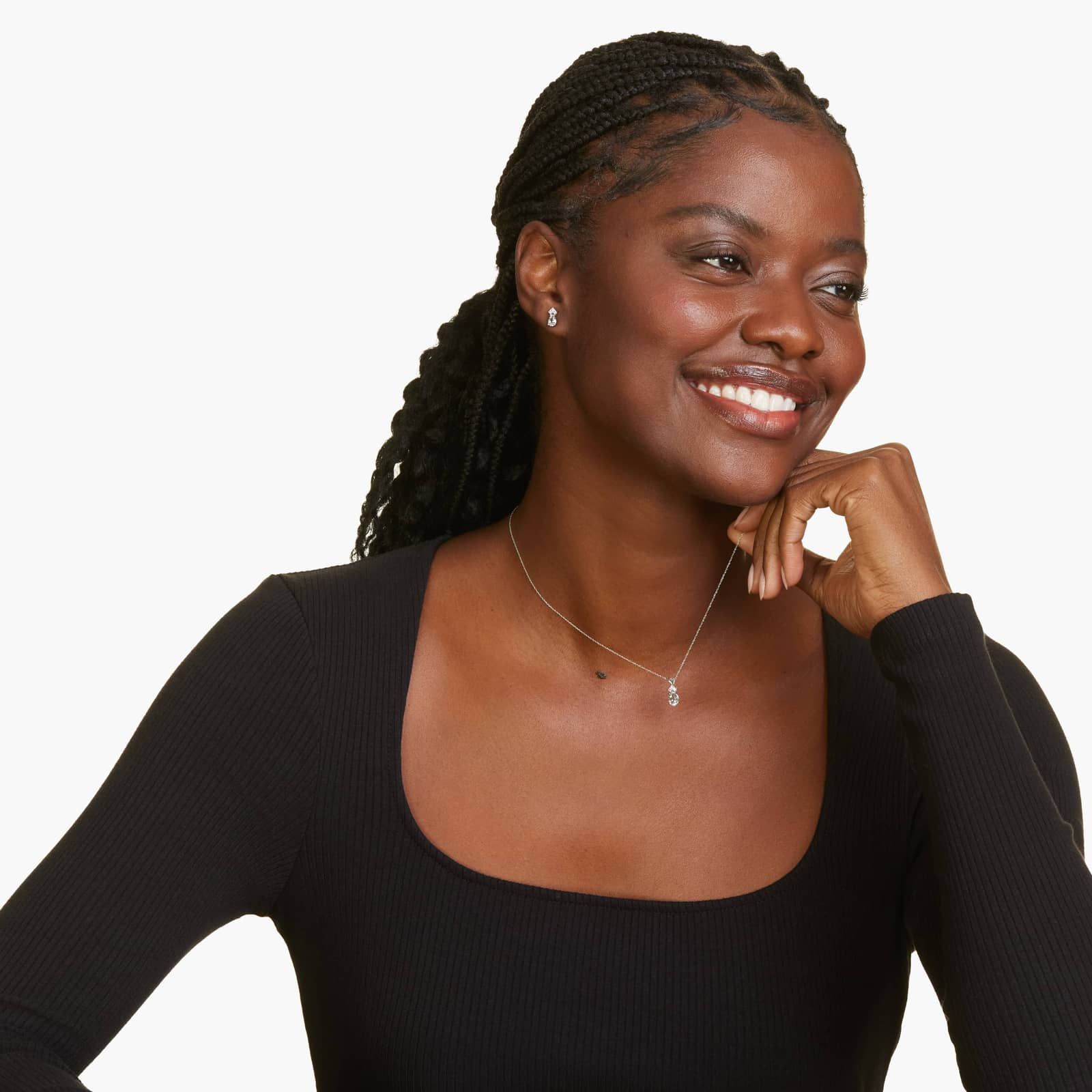 14K White Gold Pear Shaped White Topaz & Tri-Diamond Birthstone Pendant Necklace