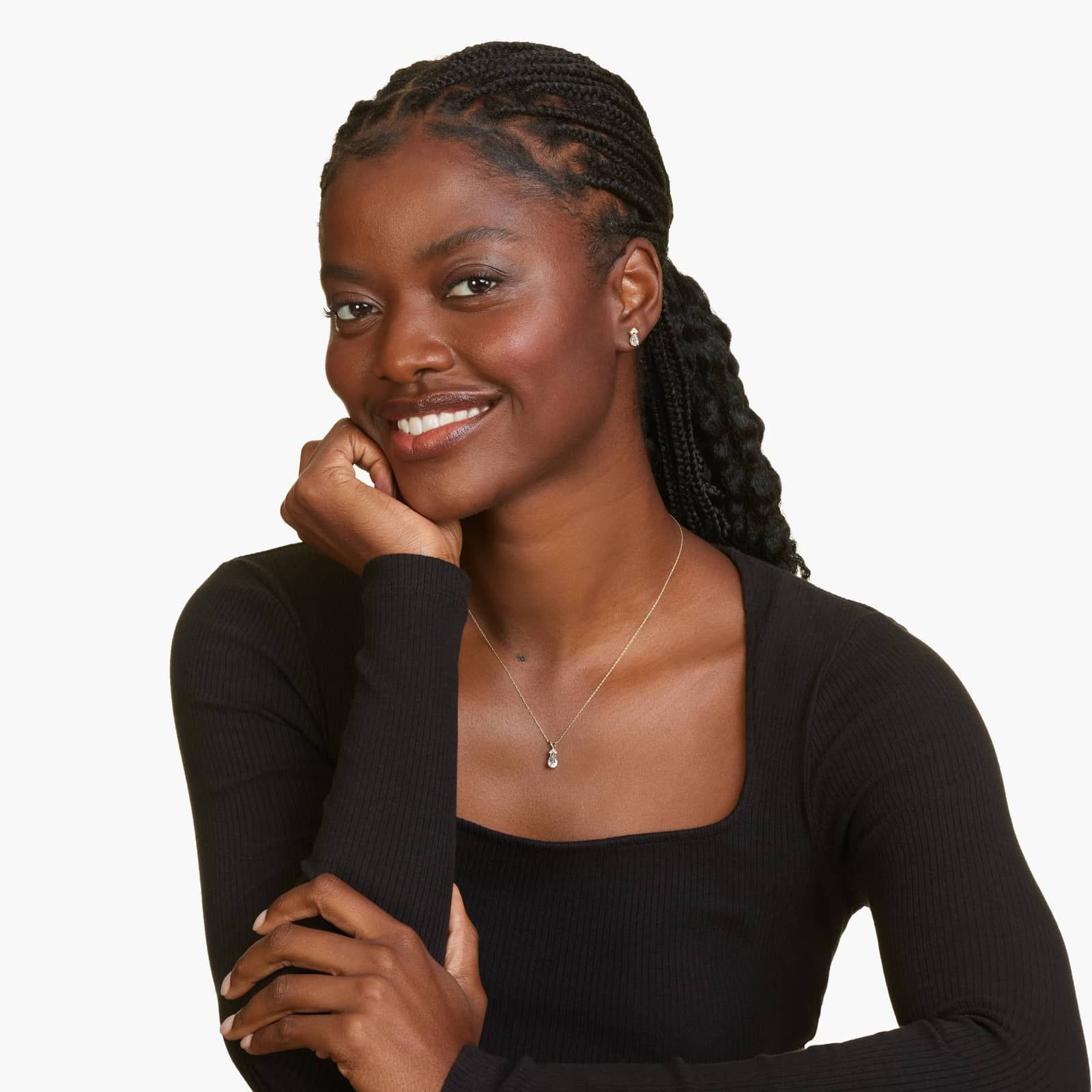 14K Yellow Gold Pear Shaped White Topaz & Tri-Diamond Birthstone Pendant Necklace