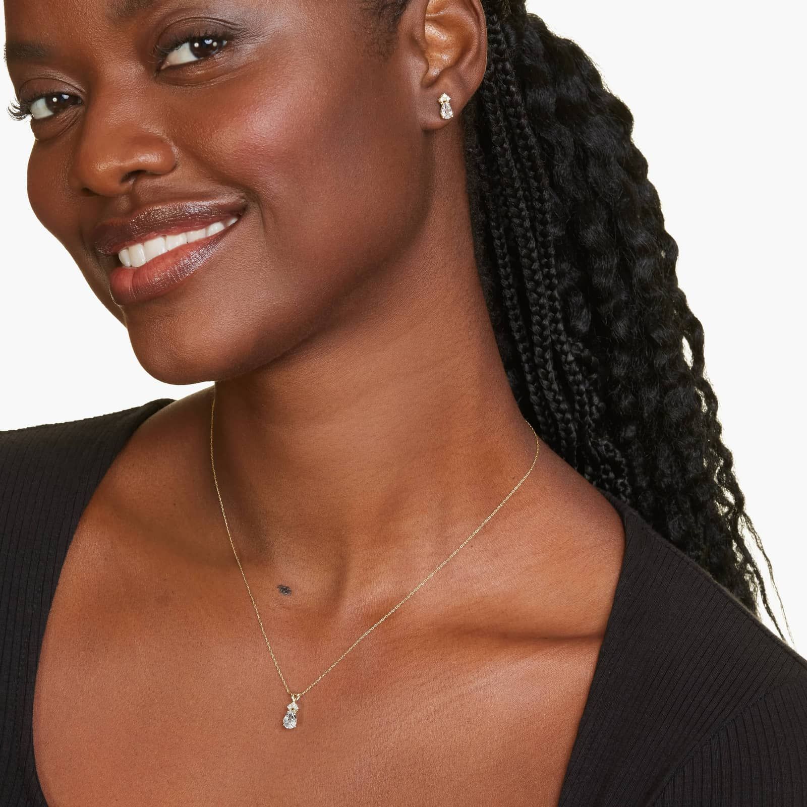 14K Yellow Gold Pear Shaped White Topaz & Tri-Diamond Birthstone Pendant Necklace