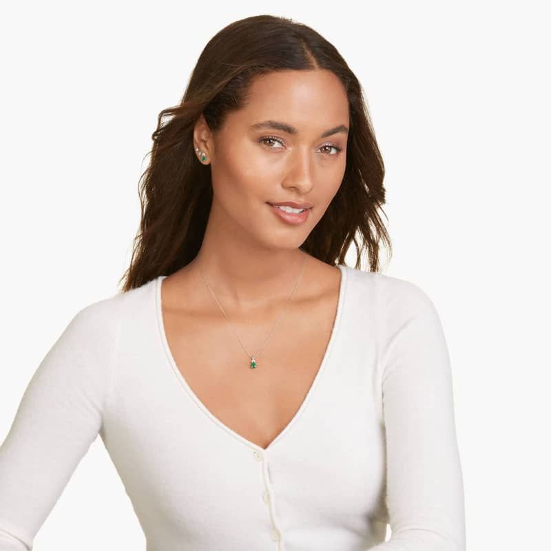 14K White Gold Pear Shaped Emerald & Tri-Diamond Birthstone Pendant Necklace