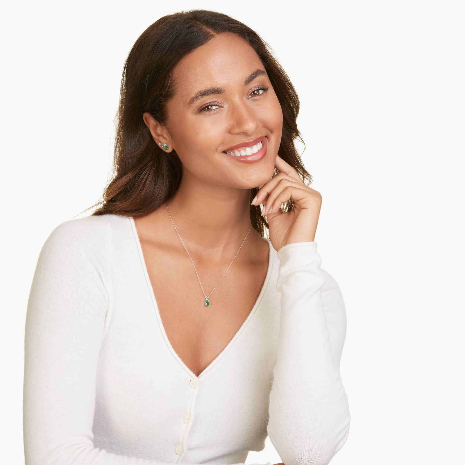 14K White Gold Pear Shaped Emerald & Tri-Diamond Birthstone Pendant Necklace