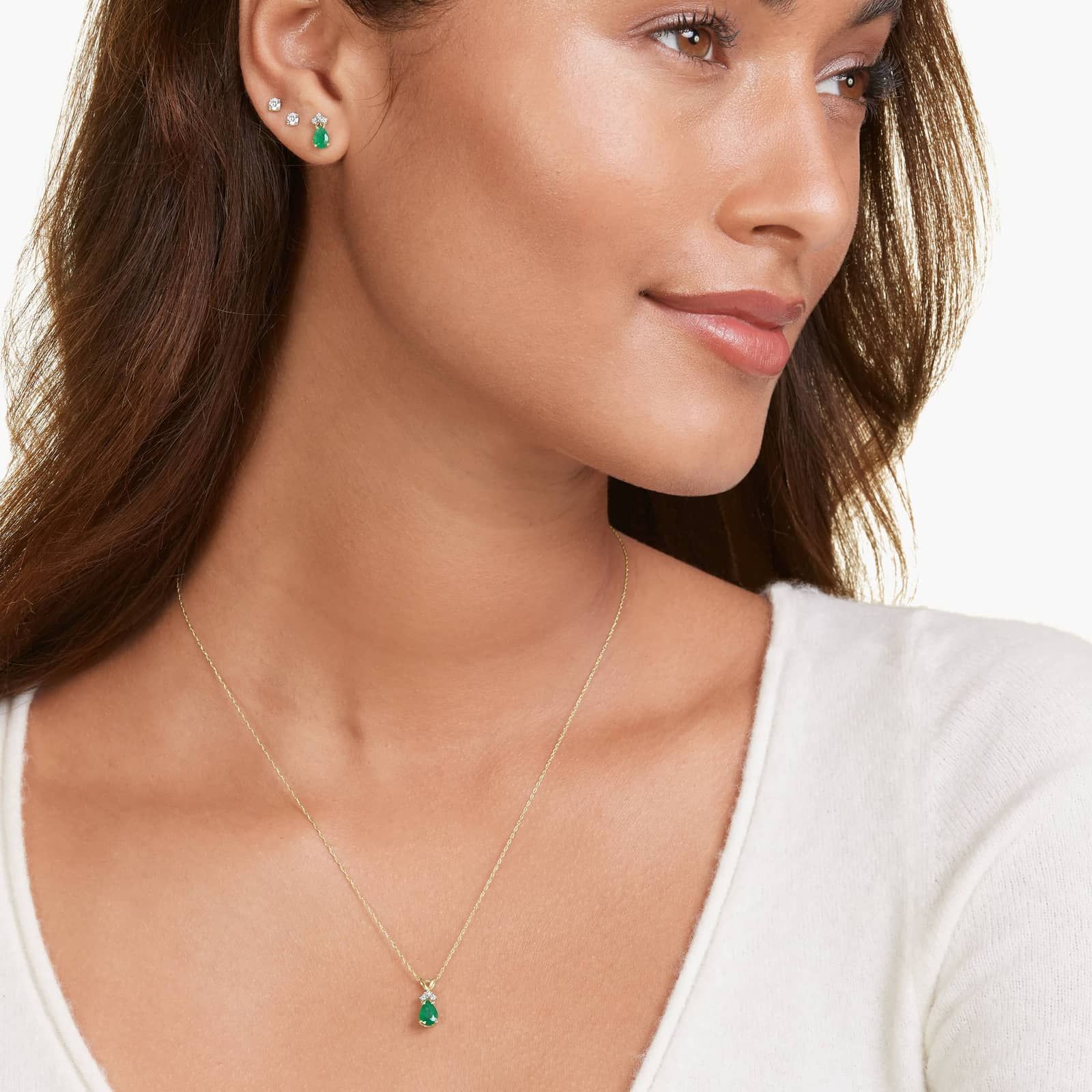 14K Yellow Gold Pear Shaped Emerald & Tri-Diamond Birthstone Pendant Necklace