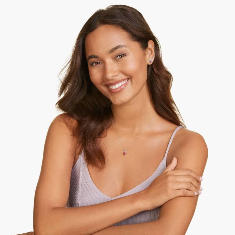 14K White Gold Pear Shaped Ruby & Tri-Diamond Birthstone Pendant Necklace