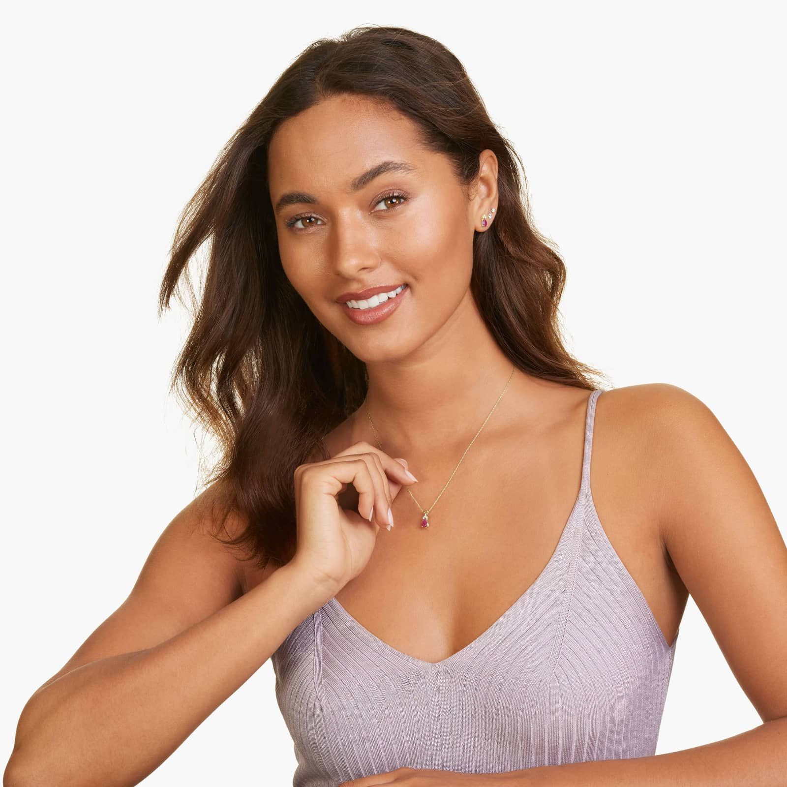 14K Yellow Gold Pear Shaped Ruby & Tri-Diamond Birthstone Pendant Necklace