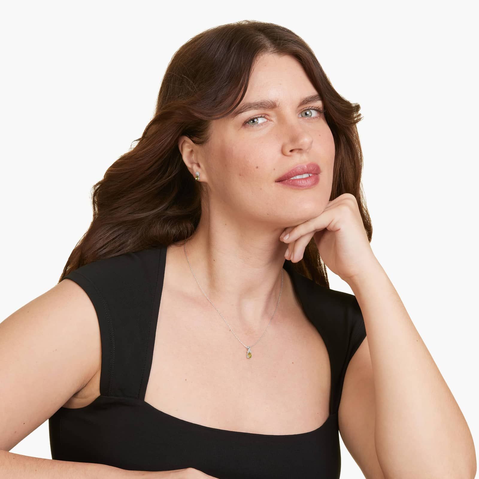 14K White Gold Pear Shaped Peridot & Tri-Diamond Birthstone Pendant Necklace