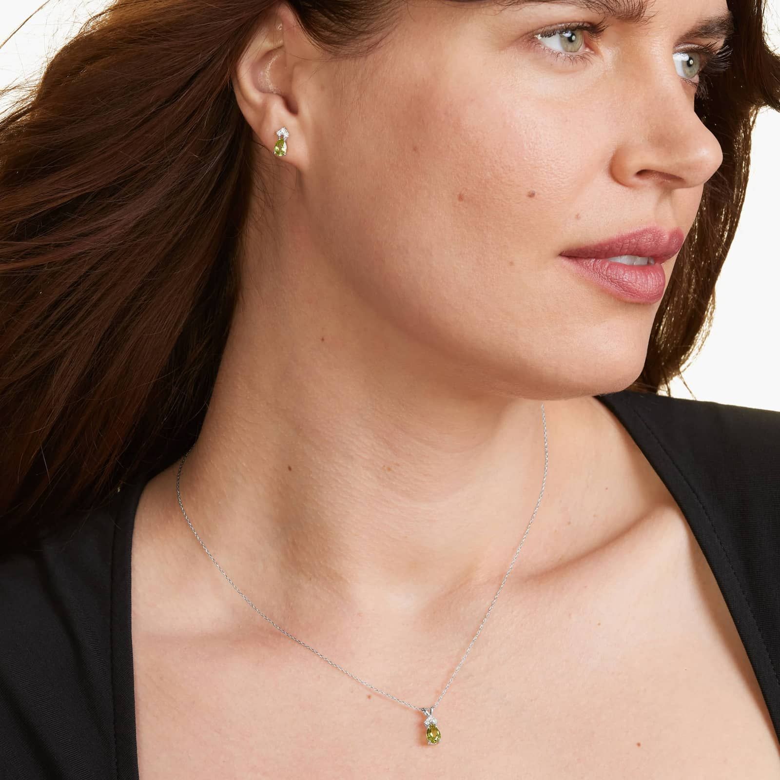 14K White Gold Pear Shaped Peridot & Tri-Diamond Birthstone Pendant Necklace