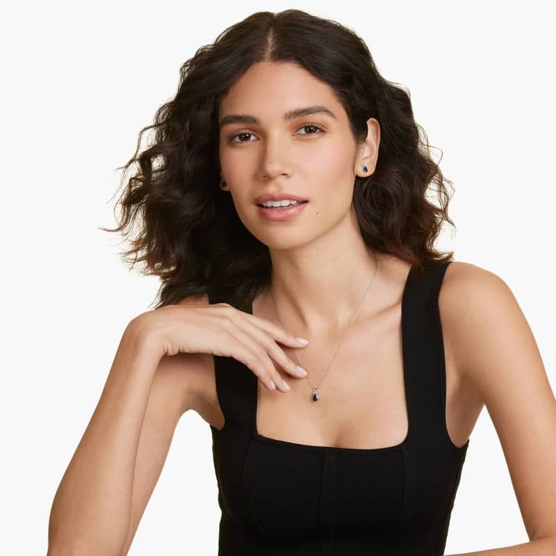 14K White Gold Pear Shaped Sapphire & Tri-Diamond Birthstone Pendant Necklace