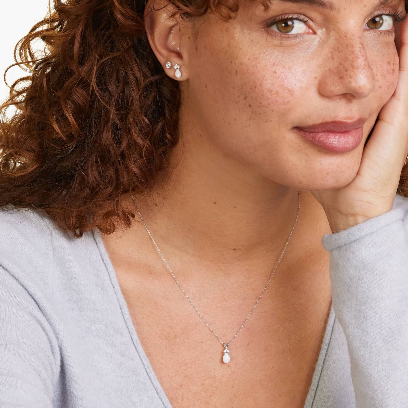 14K White Gold Pear Shaped Opal & Tri-Diamond Birthstone Pendant Necklace