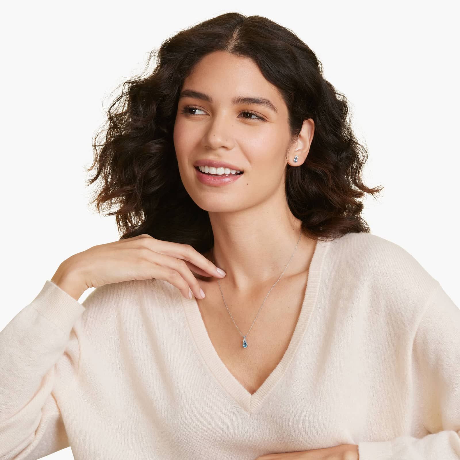 14K White Gold Pear Shaped Swiss Blue Topaz & Tri-Diamond Birthstone Pendant Necklace