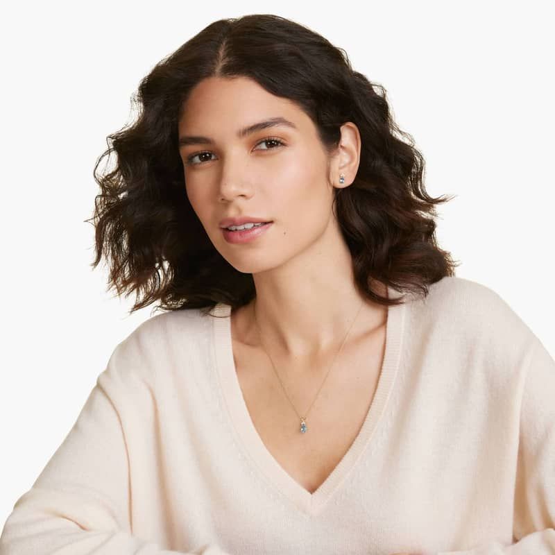 14K Yellow Gold Pear Shaped Swiss Blue Topaz & Tri-Diamond Birthstone Pendant Necklace