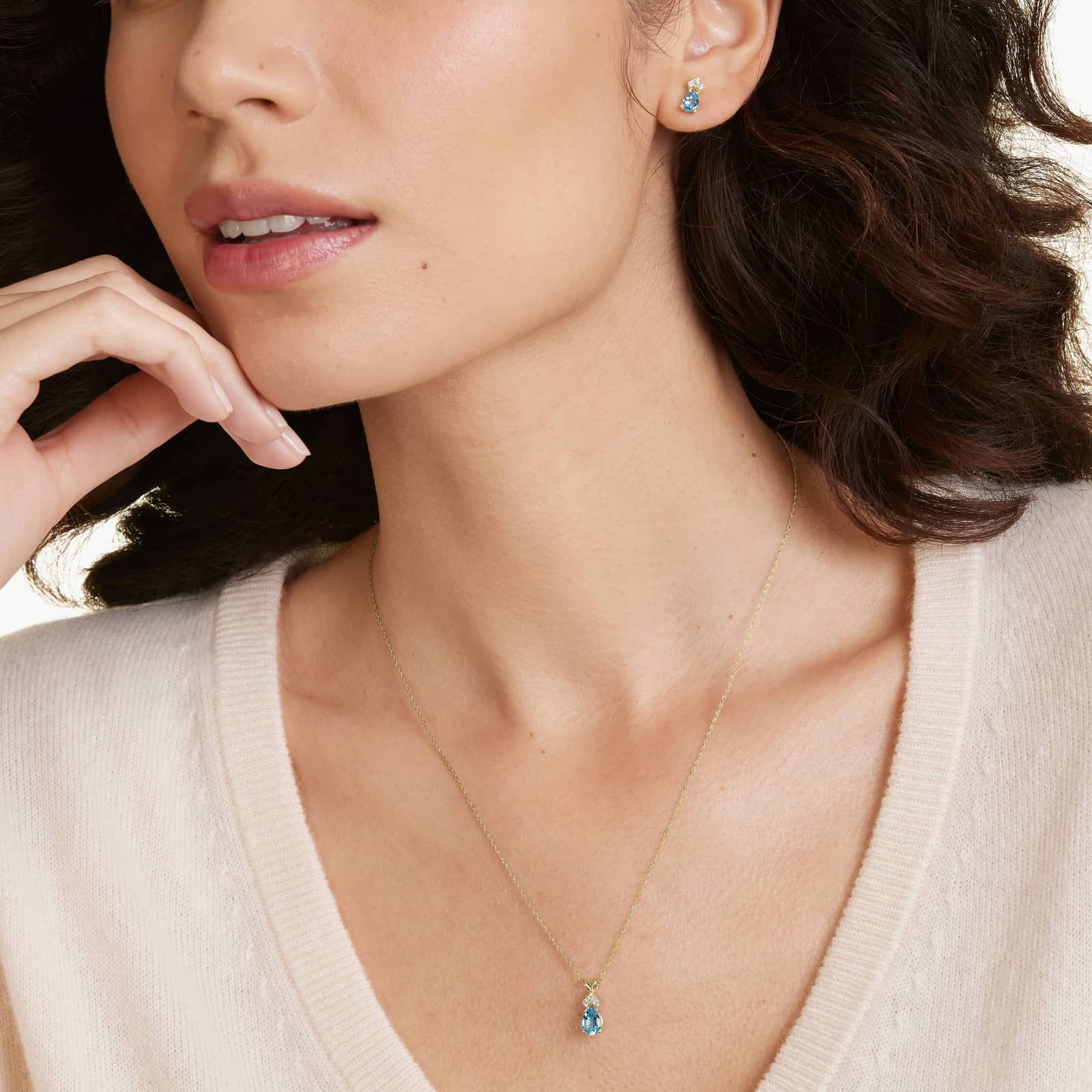 14K Yellow Gold Pear Shaped Swiss Blue Topaz & Tri-Diamond Birthstone Pendant Necklace