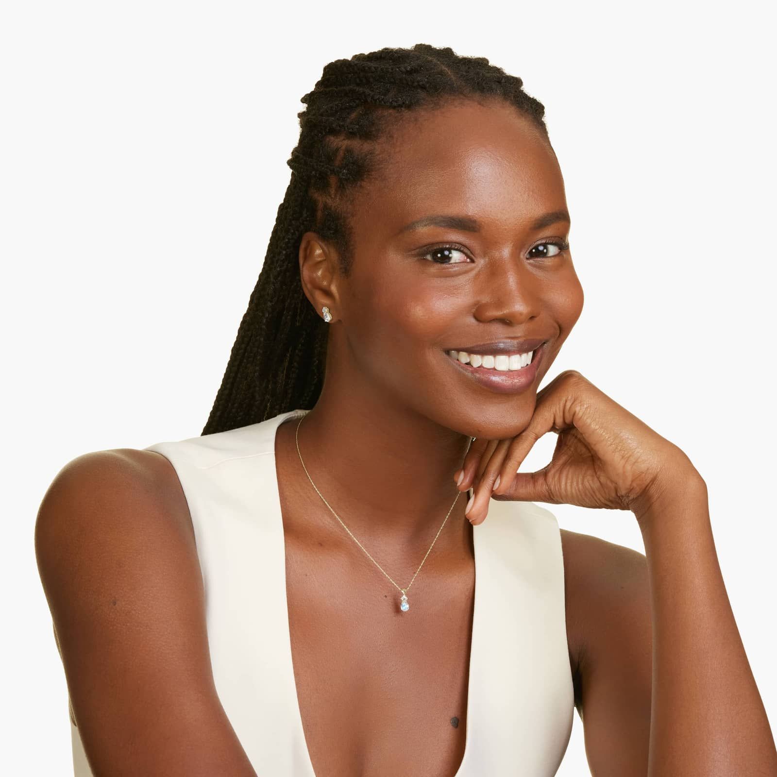 14K Yellow Gold Pear Shaped Rainbow Moonstone & Tri-Diamond Birthstone Pendant Necklace