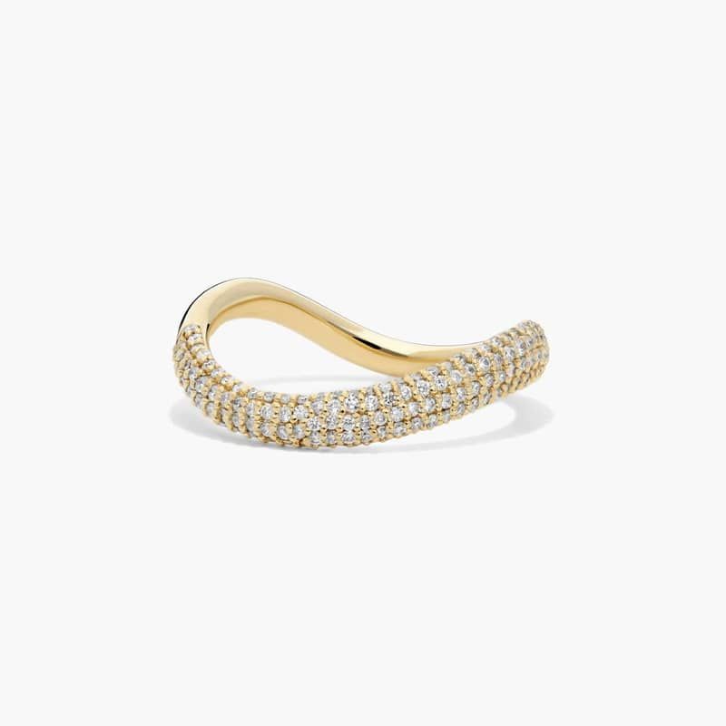 Sculptural Waves Diamond Wedding Ring in 18K Yellow Gold with Pave Set Round Diamonds (2.3mm)