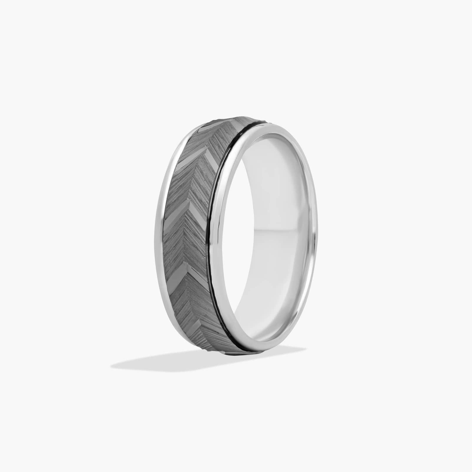 Ribbed Chevron Pattern Men's Wedding Band In 14K White Gold (7.00mm)