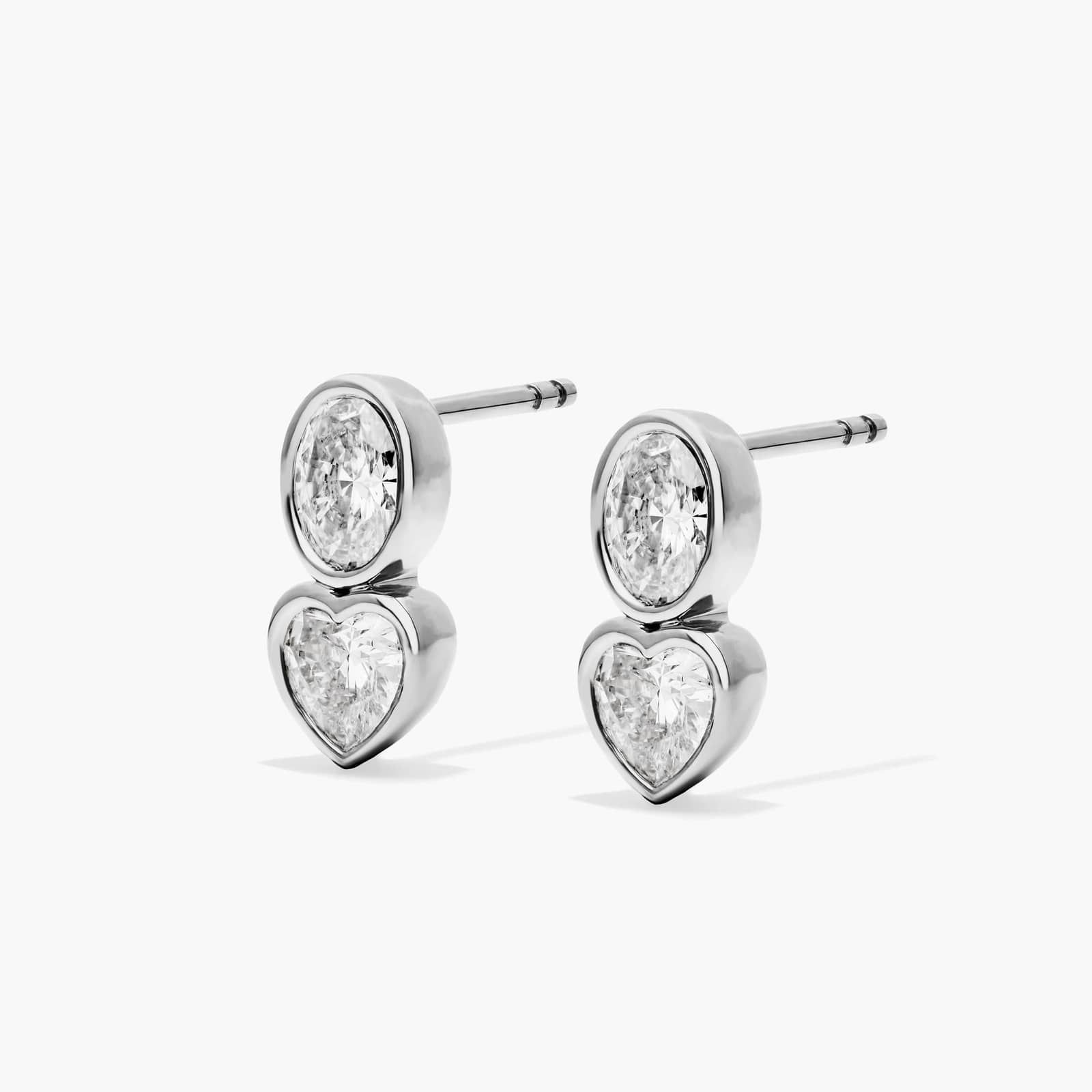 Fancy Bezel Drop Earrings With Oval Cut and Heart Shaped Lab-Grown Diamonds In 14K White Gold