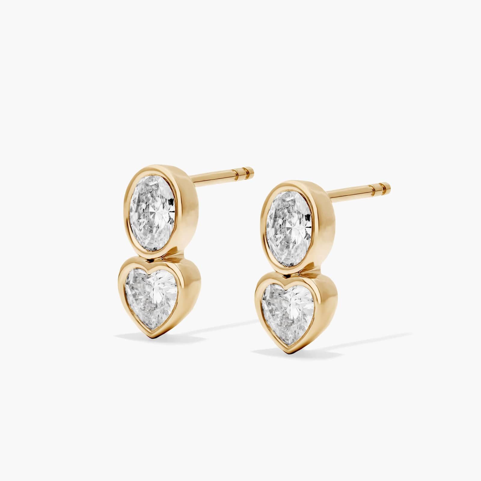 Fancy Bezel Drop Earrings With Oval Cut and Heart Shaped Lab-Grown Diamonds In 14K Yellow Gold