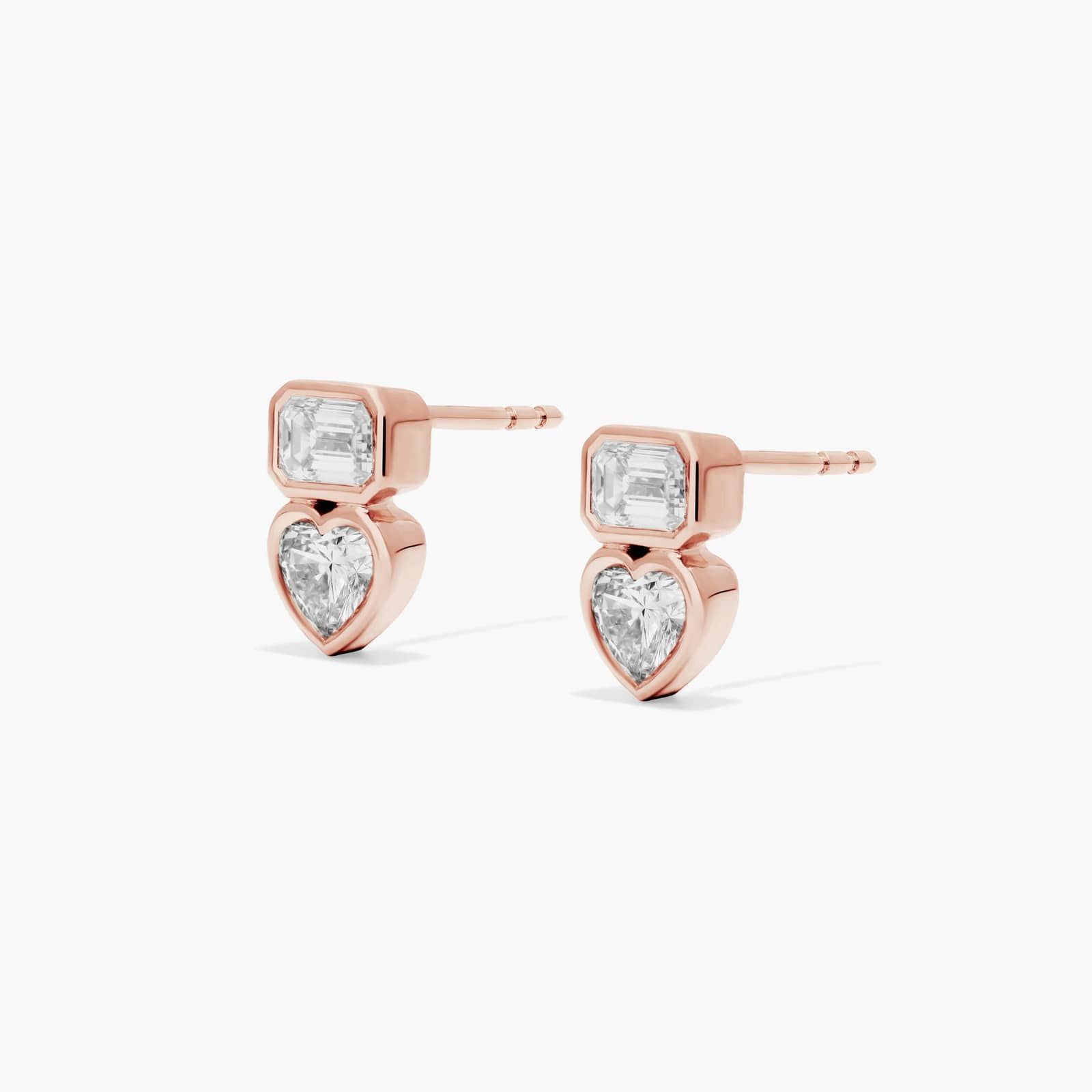 Fancy Bezel Drop Earrings With Emerald Cut and Heart Shaped Lab-Grown Diamonds In 14K Rose Gold