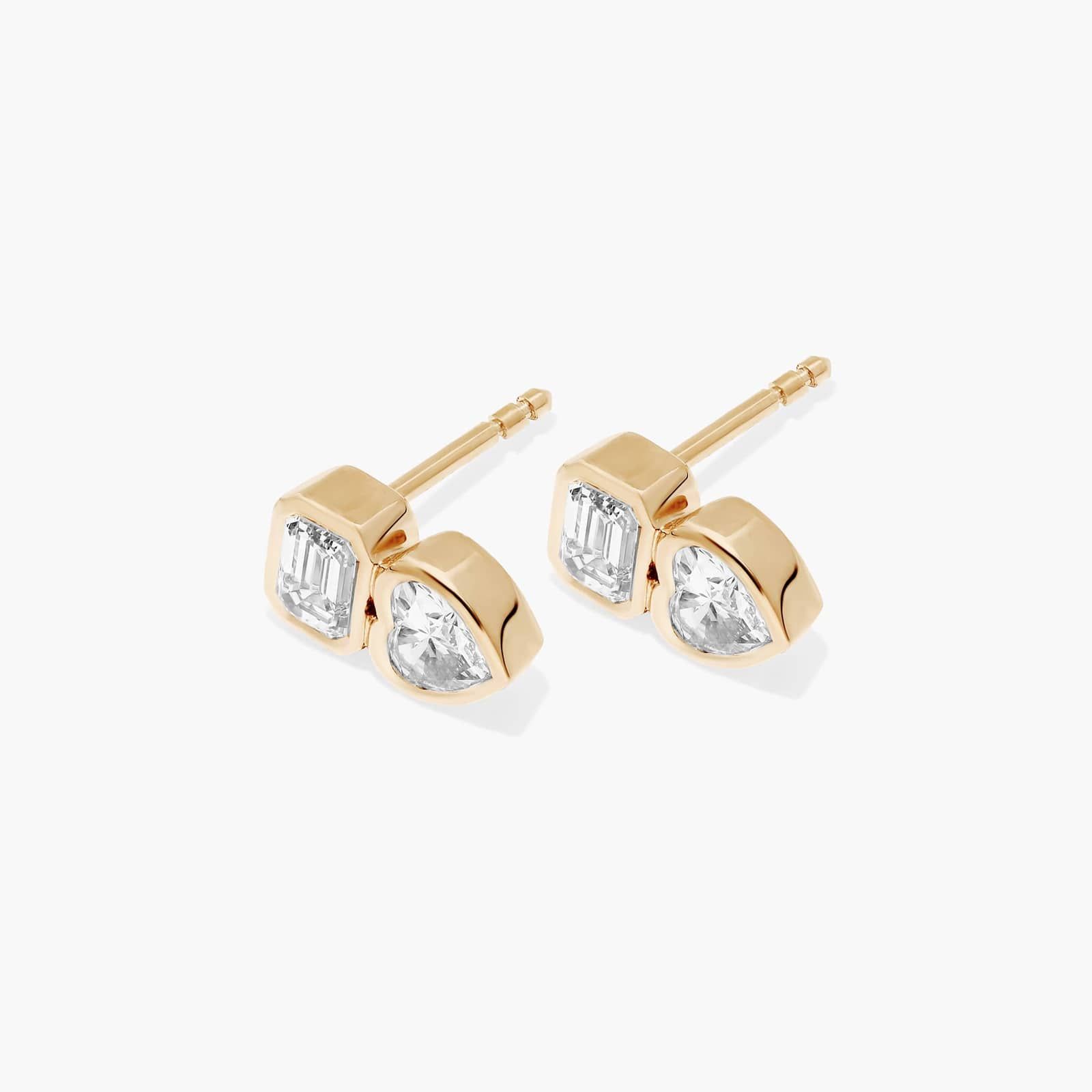 Fancy Bezel Drop Earrings With Emerald Cut and Heart Shaped Lab-Grown Diamonds In 14K Yellow Gold