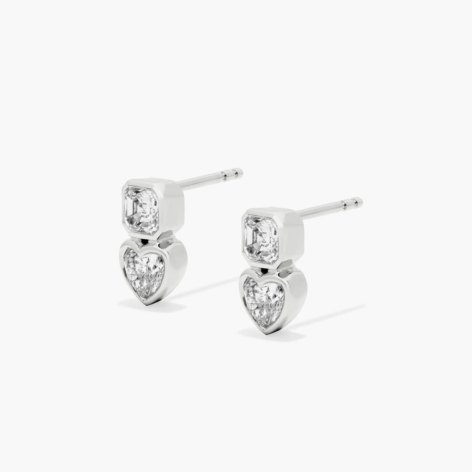 Fancy Bezel Drop Earrings With Asscher Cut and Heart Shaped Lab-Grown Diamonds In 14K White Gold