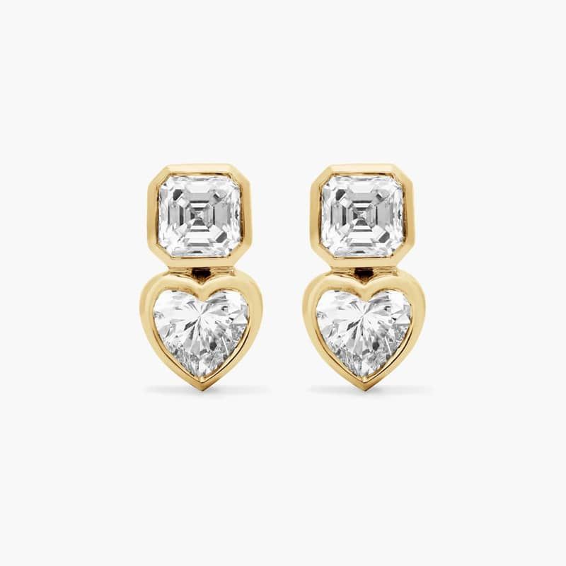 Fancy Bezel Drop Earrings With Asscher Cut and Heart Shaped Lab-Grown Diamonds In 14K Yellow Gold