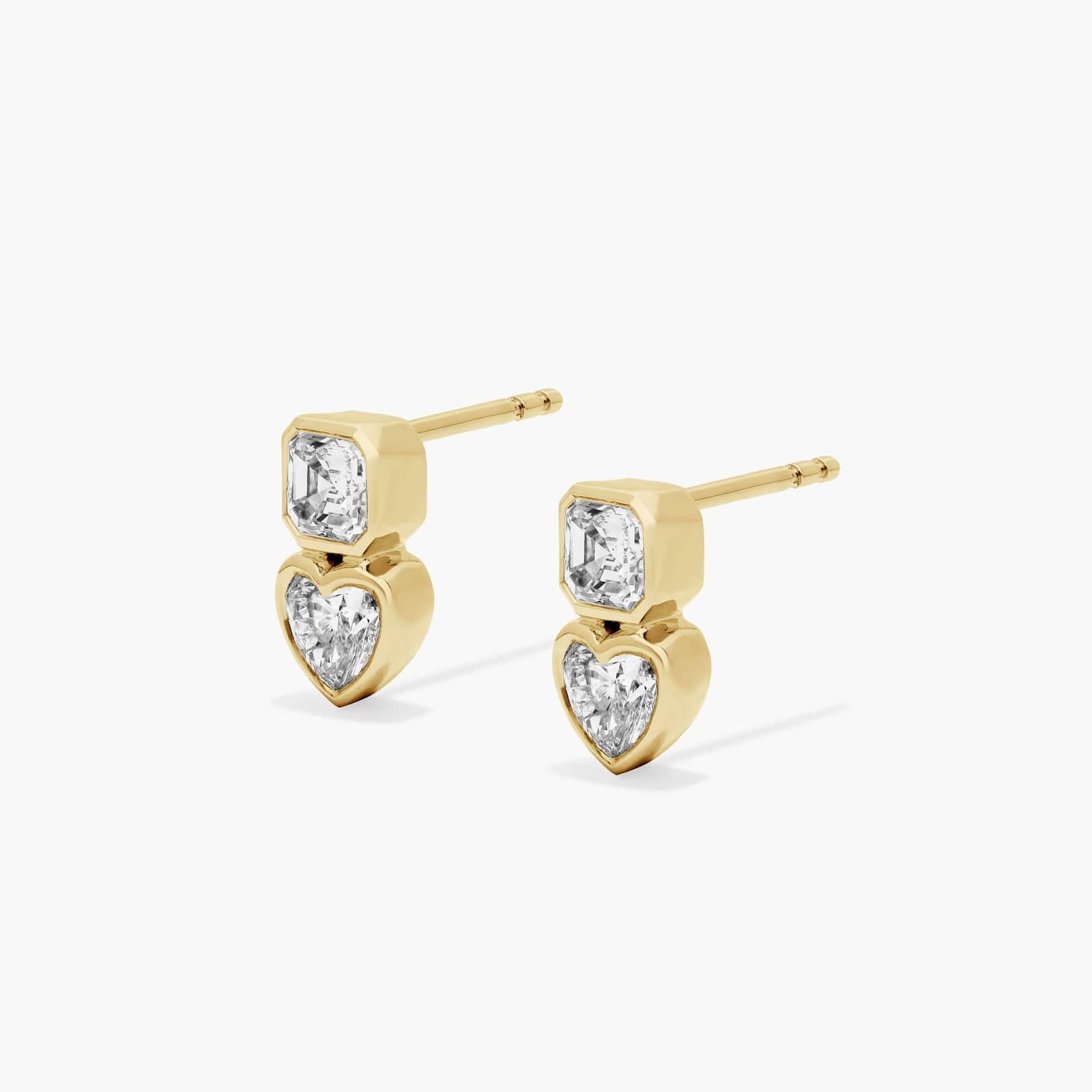 Fancy Bezel Drop Earrings With Asscher Cut and Heart Shaped Lab-Grown Diamonds In 14K Yellow Gold