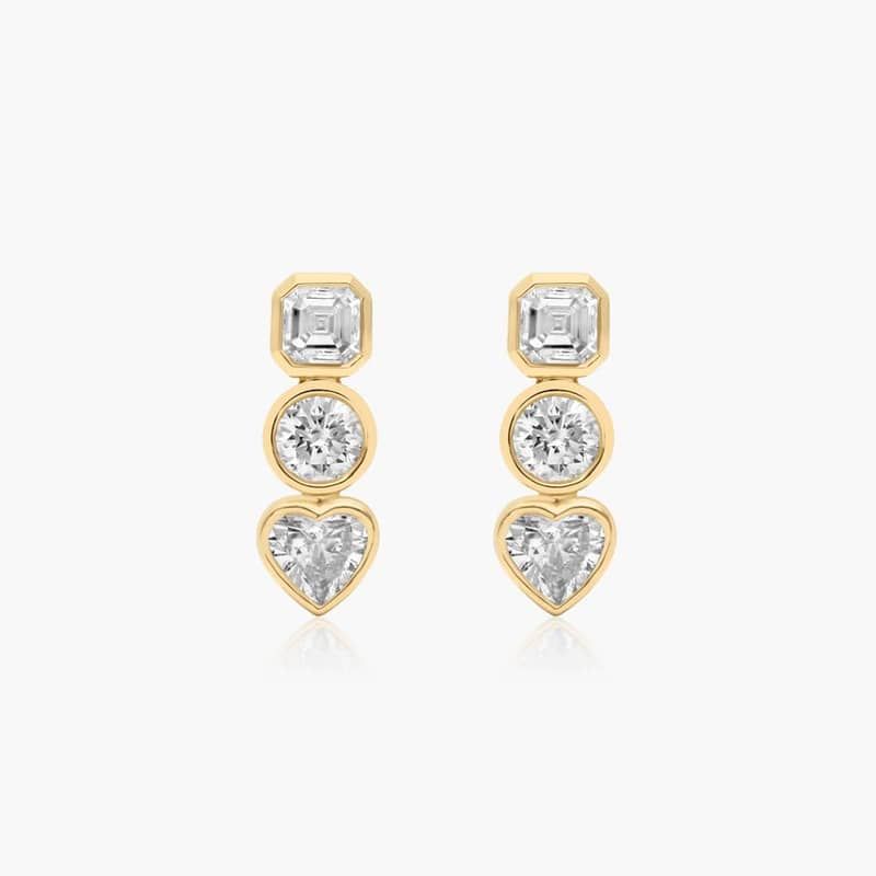 Fancy Bezel Earrings With Asscher Cut and Round Lab-Grown Diamonds In 14K Yellow Gold