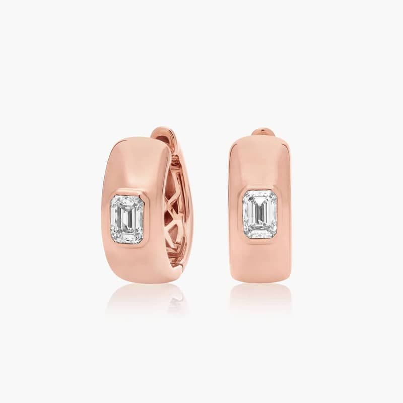 14K Rose Gold Fancy Bezels Lab Grown Emerald Diamond Huggie Hoop Earrings