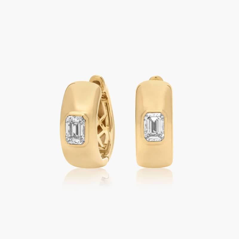 14K Yellow Gold Fancy Bezels Lab Grown Emerald Diamond Huggie Hoop Earrings