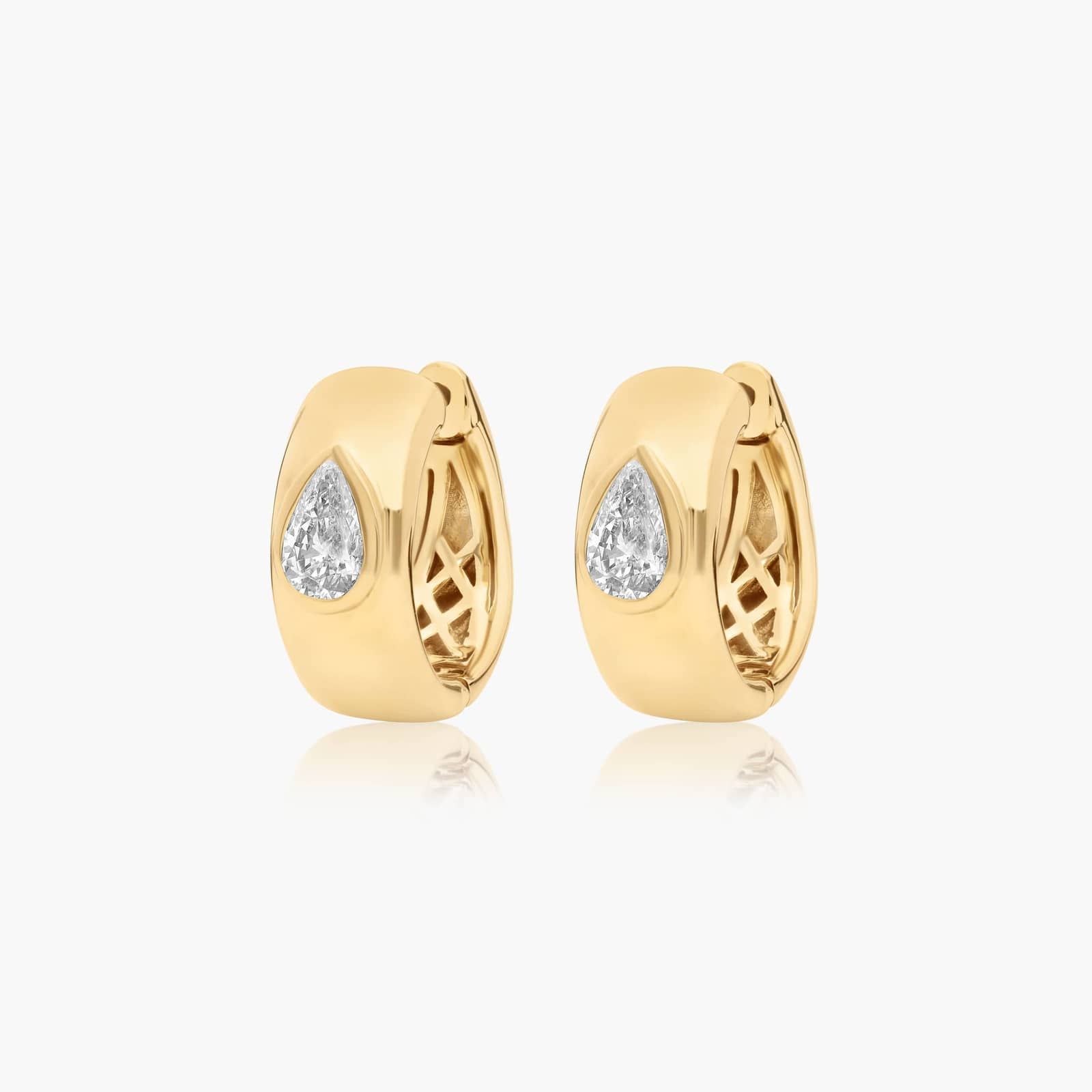 14K Yellow Gold Fancy Bezels Lab Grown Pear Diamond Huggie Hoop Earrings