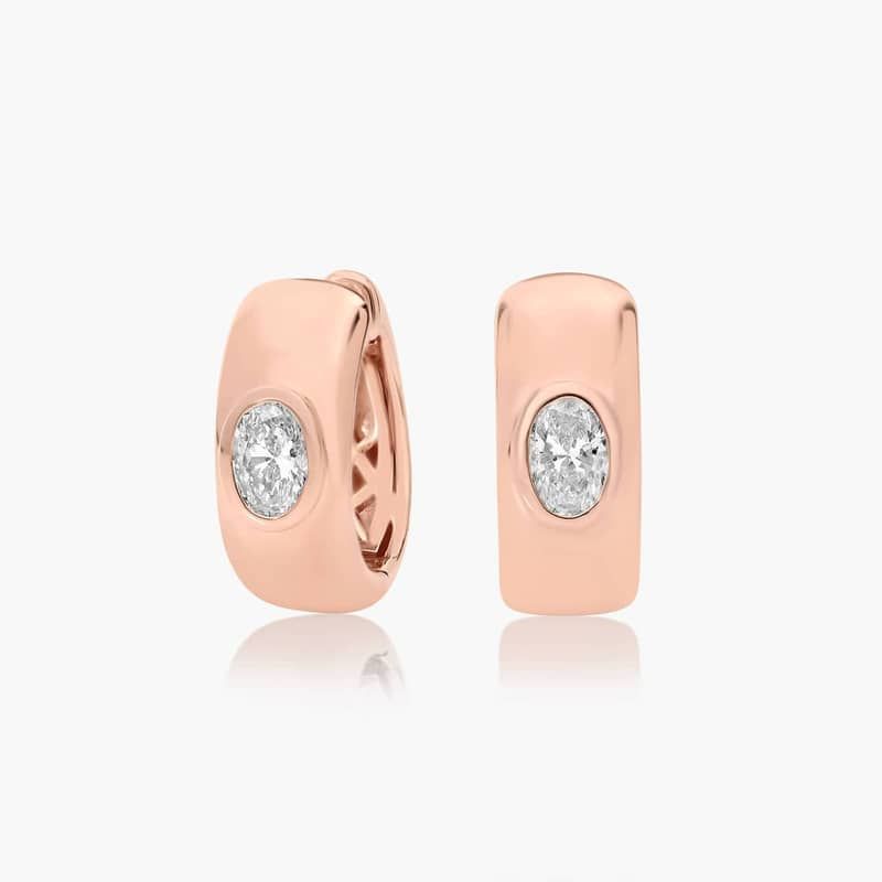 14K Rose Gold Fancy Bezels Lab Grown Oval Diamond Huggie Hoop Earrings