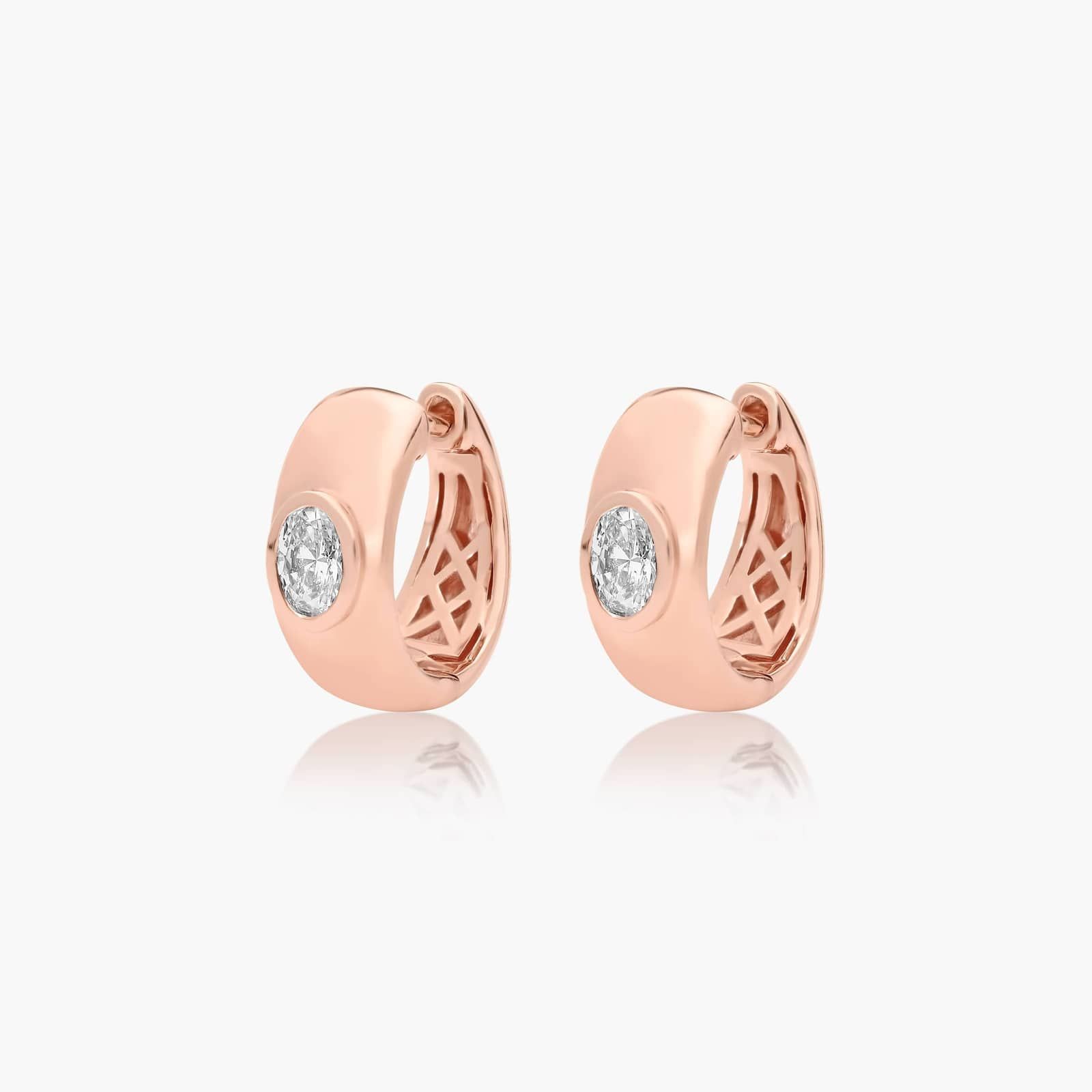 14K Rose Gold Fancy Bezels Lab Grown Oval Diamond Huggie Hoop Earrings